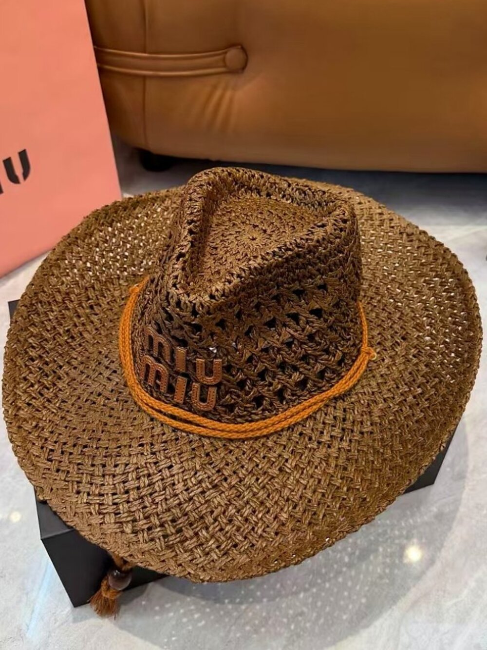 MIU MIU Hollow Weave Wide Brim Sun Hat